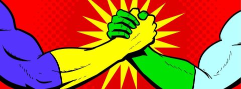 Quelles sont les marques les plus influentes sur les réseaux sociaux ?  Illustration de poignée de main de bro de superhero de vecteur