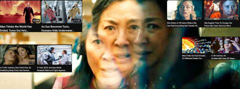 scary Le visage d'une felle asiatique divisé en plusieurs parte qui essaye de regarder plein de vidéo en même temps.