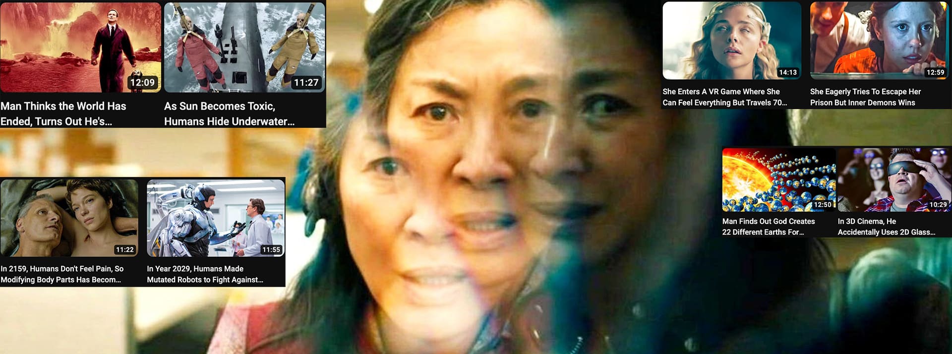 scary - L'ADN Le visage d'une felle asiatique divisé en plusieurs parte qui essaye de regarder plein de vidéo en même temps.