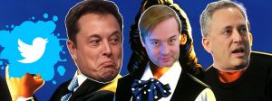 Elon Musk, Jason Calacaniset David Sacks sur fond cartoon avec un splash de peinture et logo twitter