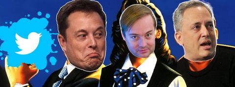 Les bros d'Elon Musk chez Twitter Elon Musk, Jason Calacaniset David Sacks sur fond cartoon avec un splash de peinture et logo twitter