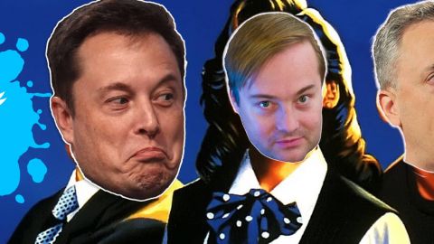 Elon Musk, Jason Calacaniset David Sacks sur fond cartoon avec un splash de peinture et logo twitter