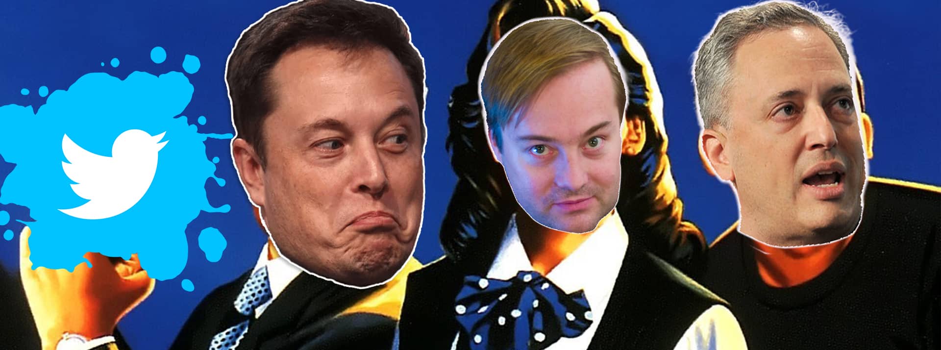 Elon Musk, Jason Calacaniset David Sacks sur fond cartoon avec un splash de peinture et logo twitter