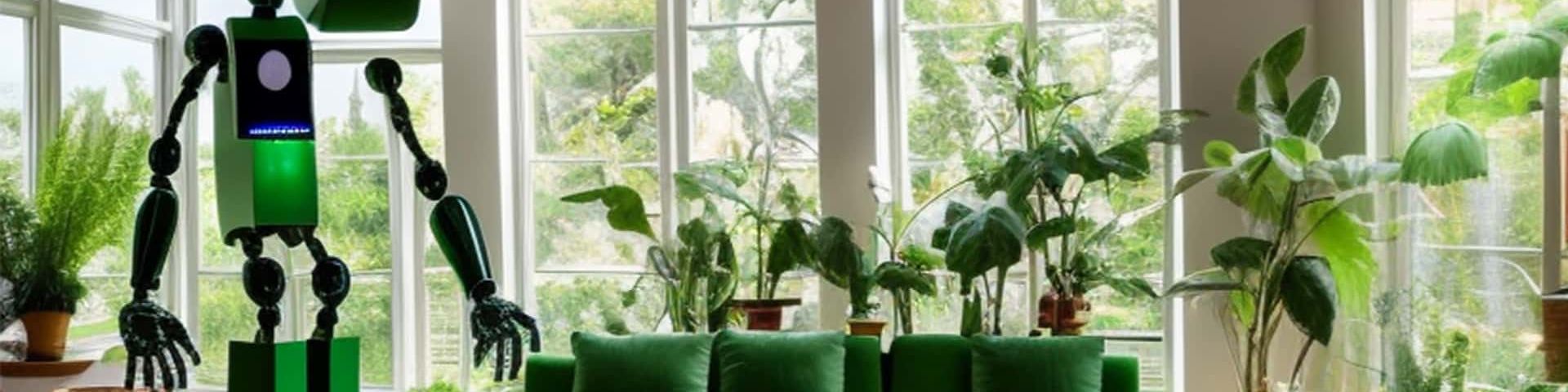 Un robot au milieu d'un salon rempli de plantes vertes