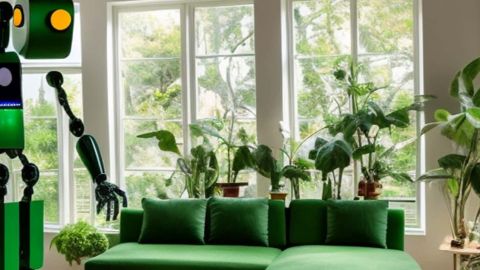 Un robot au milieu d'un salon rempli de plantes vertes