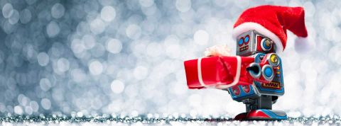 Trouver un cadeau grâce à l'Intelligence Artificielle Robot tenant un cadeau