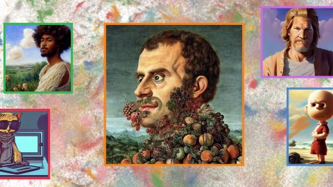 Un portrait de Macron avec des fruits