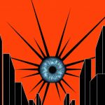 Des buildings noirs sur fond rouge, et un œil au centre d'un soleil noir