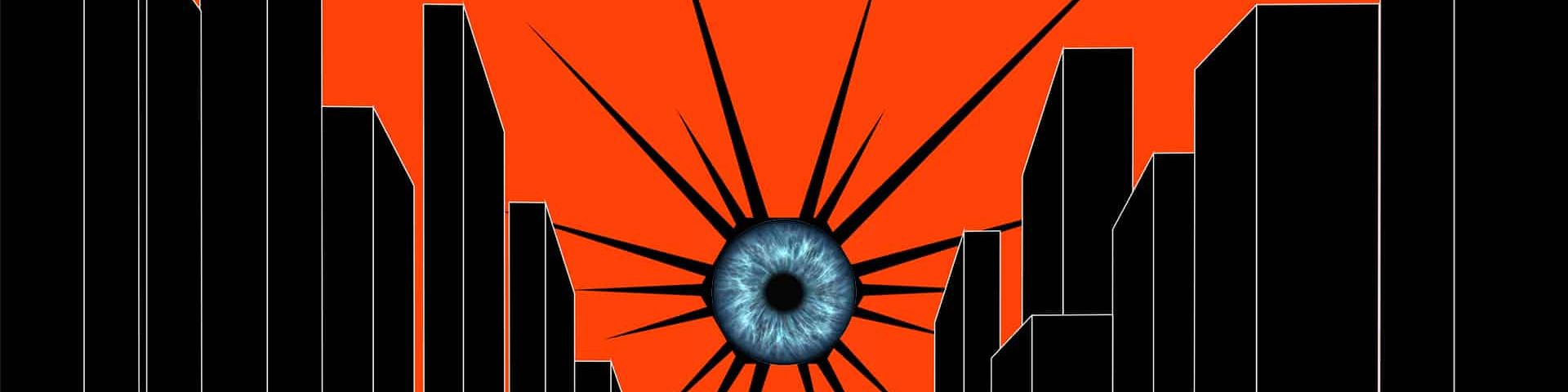 Des buildings noirs sur fond rouge, et un œil au centre d'un soleil noir