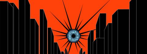 Les grands évènements sportifs, l'argument pour légaliser la vidéosurveillance algorithmique en France Des buildings noirs sur fond rouge, et un œil au centre d'un soleil noir