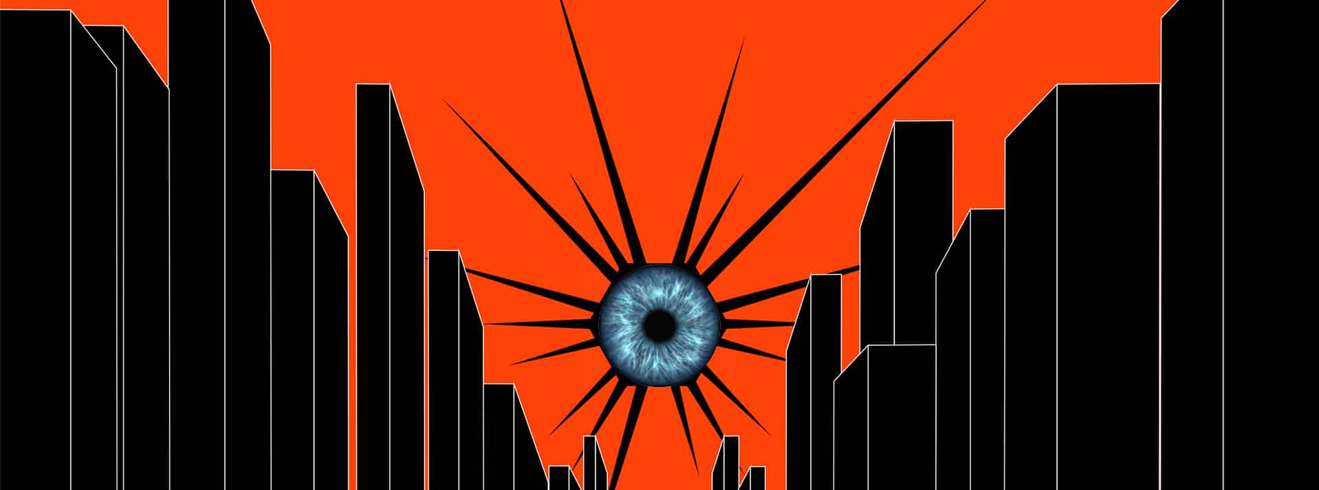 Les grands évènements sportifs, l'argument pour légaliser la vidéosurveillance algorithmique en France Des buildings noirs sur fond rouge, et un œil au centre d'un soleil noir