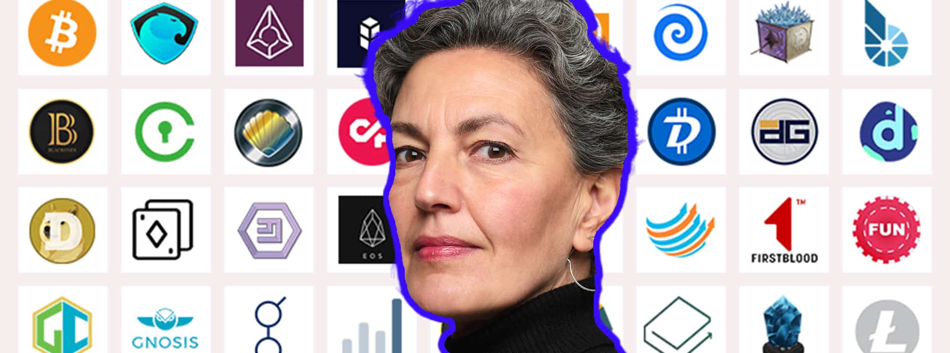 BOOMERS investissent plus en cryptos Une boomer sur fond de logos de cryptos