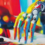 Un robot écrit un texte avec des couleurs vives