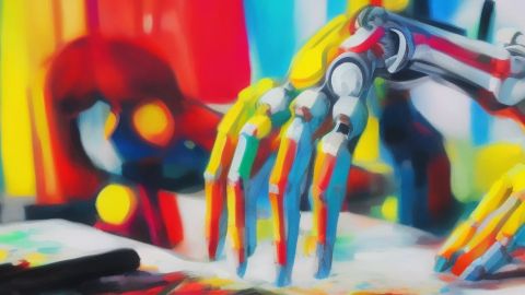 Un robot écrit un texte avec des couleurs vives