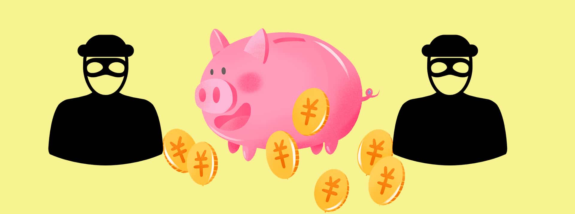 Un cochon tirelire entouré de deux voleurs
