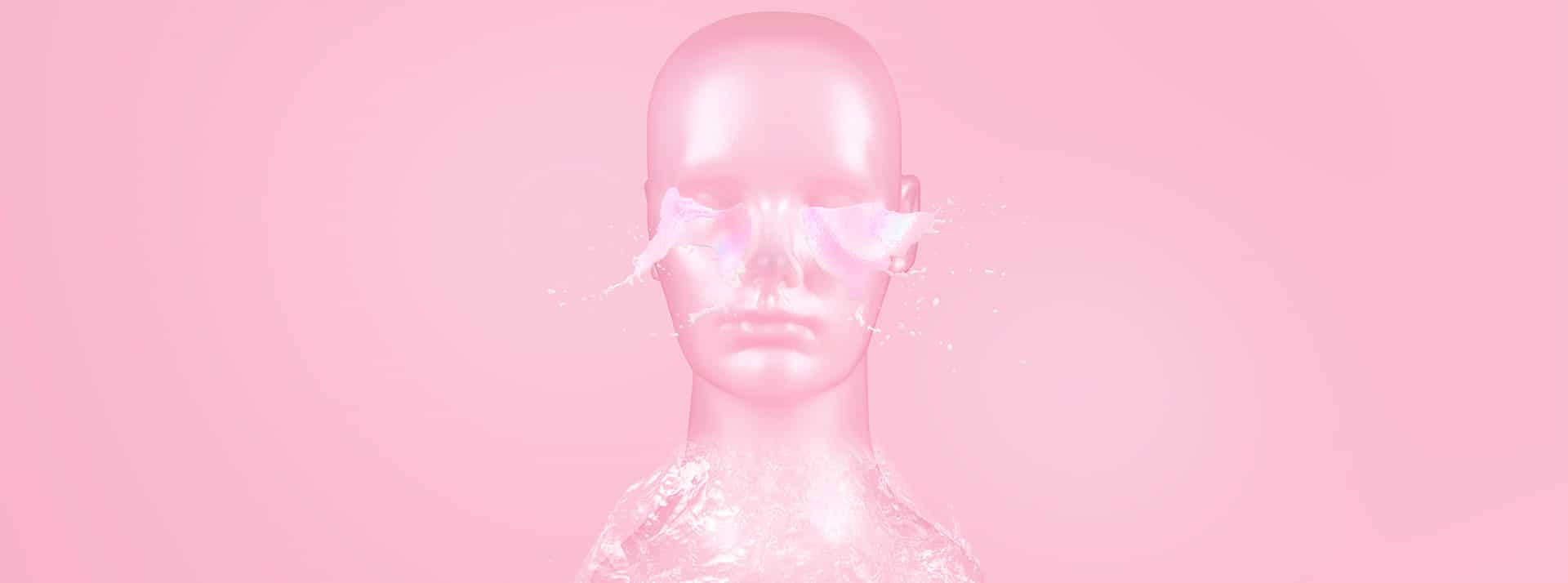 Visage en 3D avec splash d'eau sur les yeux