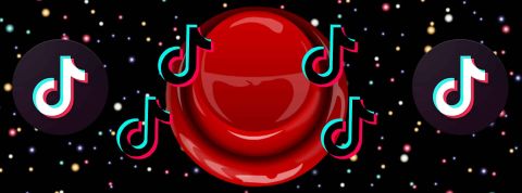 Sur TikTok, un bouton magique peut rendre n’importe quelle vidéo virale Un bouton rouge et les logos TikTok sur fond de nuit étoilée