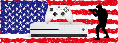 La guerre des conservatistes américains contre Xbox Drapeau Am&ricain en fond avec Xbox et soldat