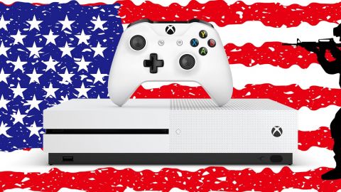 Drapeau Am&ricain en fond avec Xbox et soldat