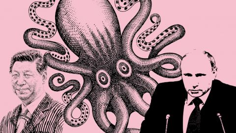 Une pieuvre Xi Jinping et Vladimir Poutine