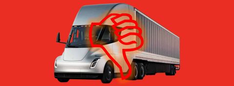 Le camion de Tesla serait un jouet pour riche Le camion Tesla Semi recouvert d'un pouce baissé sur fond rouge