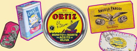 Les sardines, stars des rédeaux Sur fond jaune, des boites de conserve