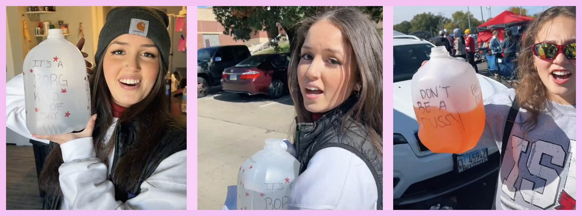 Des jeunes filles en train de tenir de tenir des gallons d'alcool