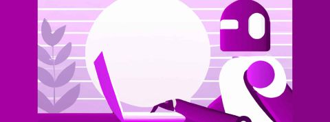 ChatGPT peut être sexiste Illustration de Dall-E d'un robot sur son ordinateur dans des tons violets