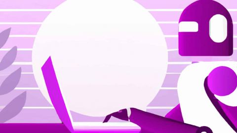 Illustration de Dall-E d'un robot sur son ordinateur dans des tons violets