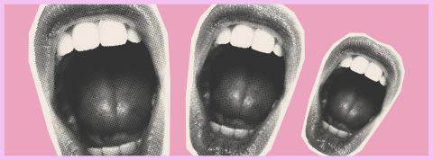 Top des mots chelous qui racontent l'époque Trois grandes bouches ouvertes sur fond rose