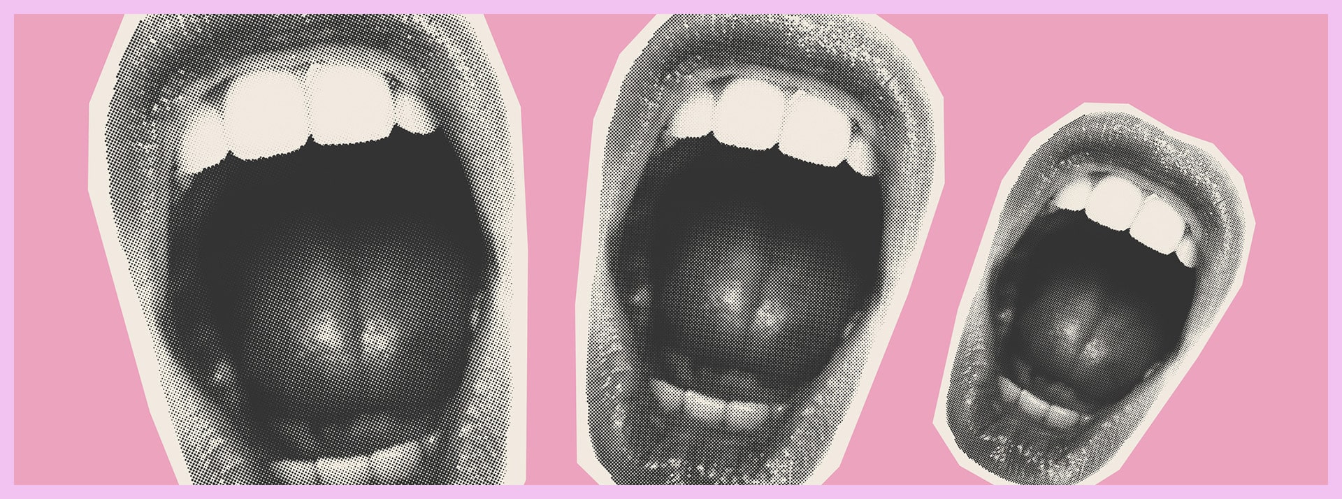 Trois grandes bouches ouvertes sur fond rose