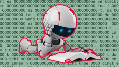 Un robot lit au milieu de mots étranges