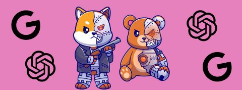 Google lance Bard, un chatbots Des peluches robots et les logos Google et OpenAI