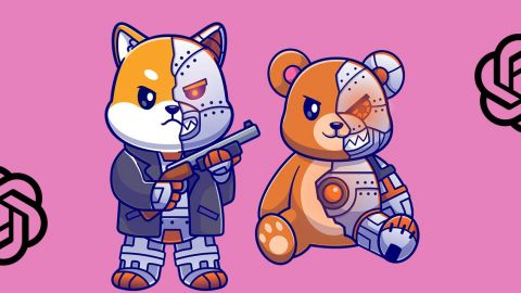 Des peluches robots et les logos Google et OpenAI