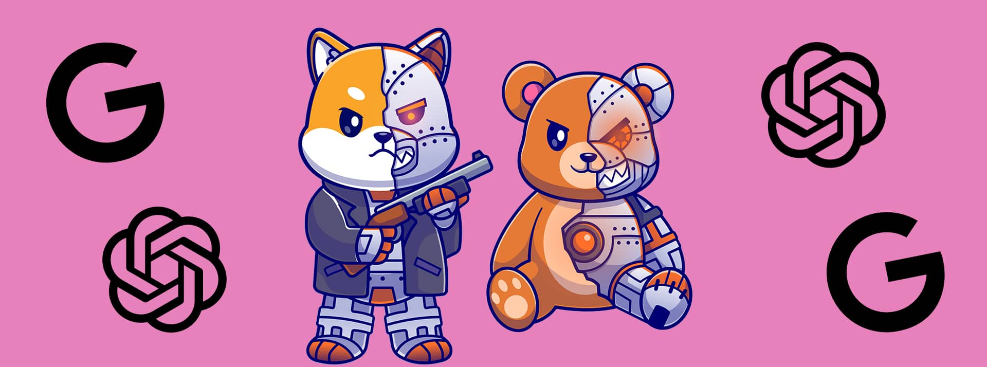 Des peluches robots et les logos Google et OpenAI