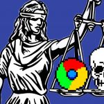 la justice aveugle qui tient dans sa balance une tête de mort et le logo de google