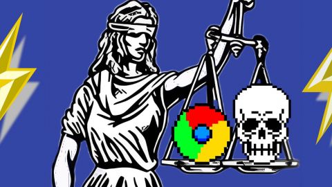la justice aveugle qui tient dans sa balance une tête de mort et le logo de google