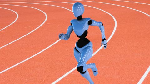Un robot en pleine course sur une piste d'athlétisme