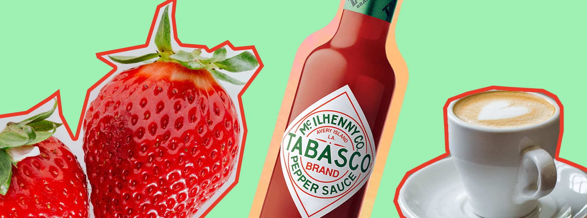 Fraises, Tabasco et café sur fond vert amande