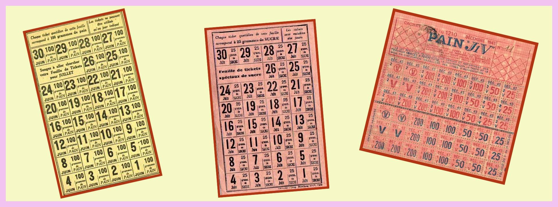 Sur fond jaune pâle, 3 tickets de rationnement