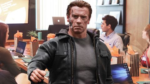 Schwarzie en Terminator débarque dans une salle de réunion