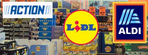 Les Français aiment le hard discount Logos Action, Lidl et Aldi sur image magasin hard discount