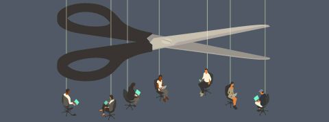 L'intelligence artificielle va-t-elle remplacer les salariés ? La réponse est oui. Illustration : Ciseaux coupant les fils d'employés assis sur leur siège.