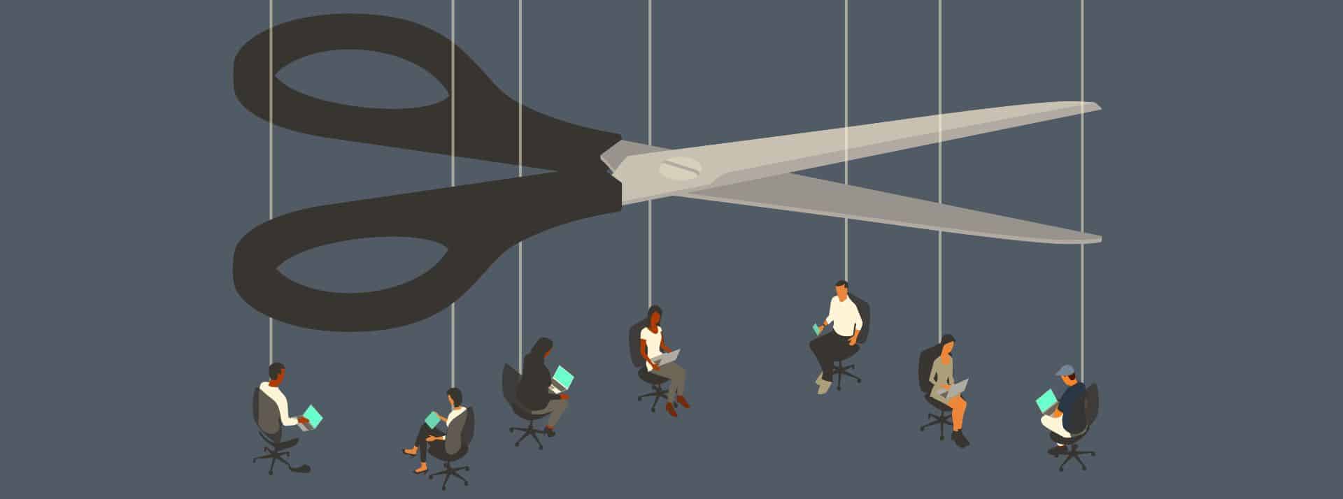 Illustration : Ciseaux coupant les fils d'employés assis sur leur siège.