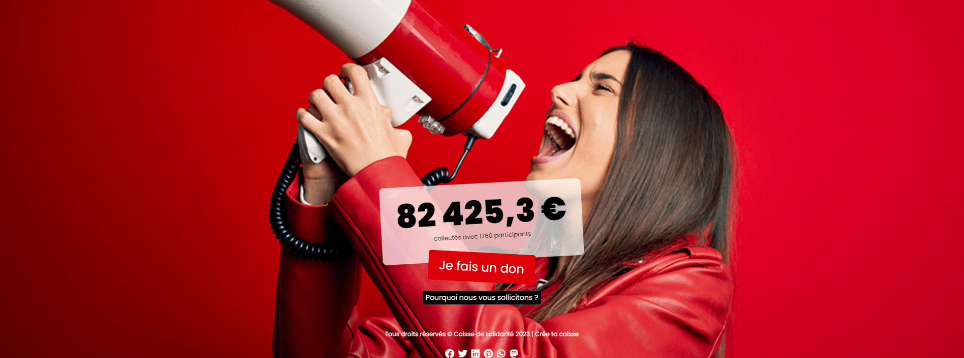 caisse de grève - L'ADN une femme hurle dans un haut parleur sur fond rouge avec un chiffre de cagnote par dessus