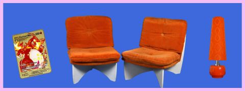 Ménage de printemps, seconde main et économie circulaire Des fauteuils orange sur fond bleu