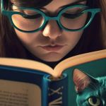 Une petite fille en train de lire un livre avec un chat sur la couverture