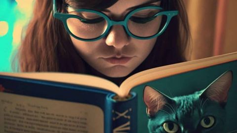 Une petite fille en train de lire un livre avec un chat sur la couverture