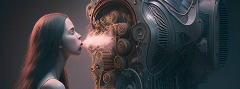 Le nouveau job d'ingénieur prompt Une femme souffle dans une machine