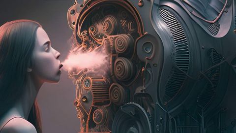 Une femme souffle dans une machine